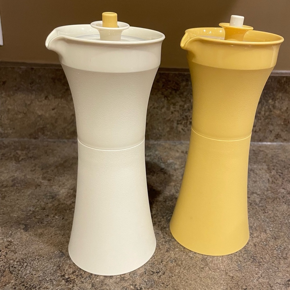 Vintage Tupperware Cruet Condiment Set Oil Vinegar Almond Harvest Gold